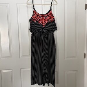 Black and White Stripe eyeshadow Jumpsuit Romper Coral Embroidery Wide Leg